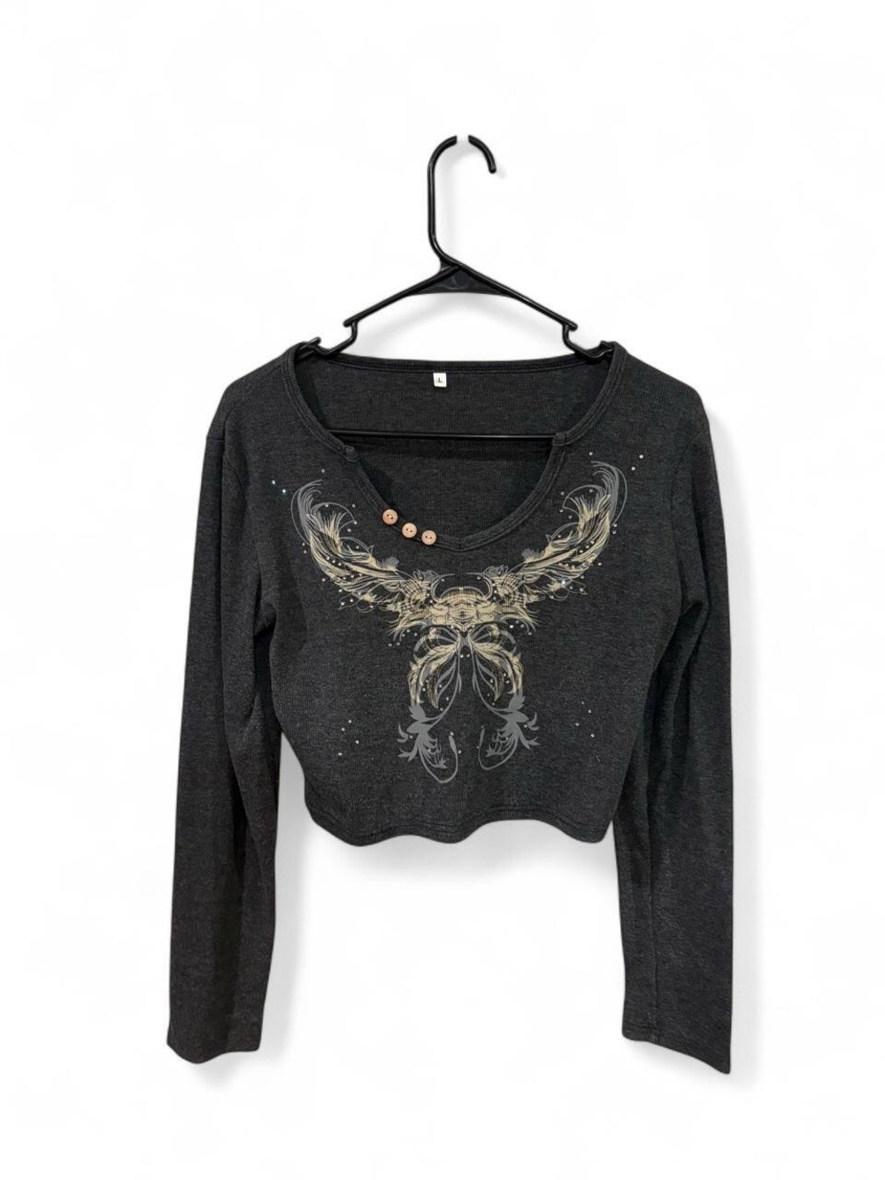 Y2k Dark Gray Graphic Crop Long-Sleeve Top with Button Detail